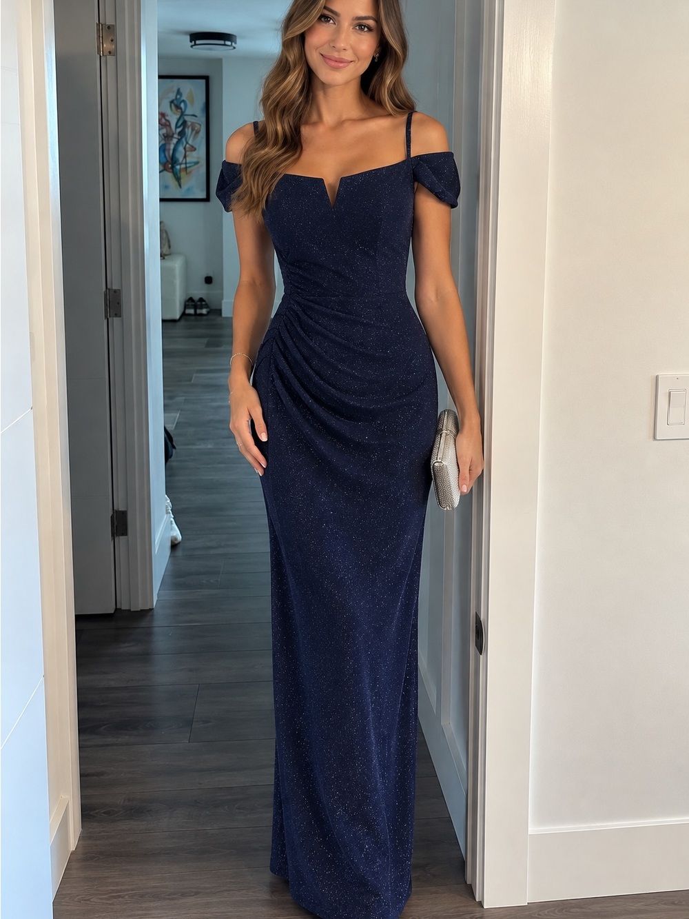 XSCAPE Navy Blue Glitter Ruched Off-Shoulder Formal Gown – Size 6 – NWT